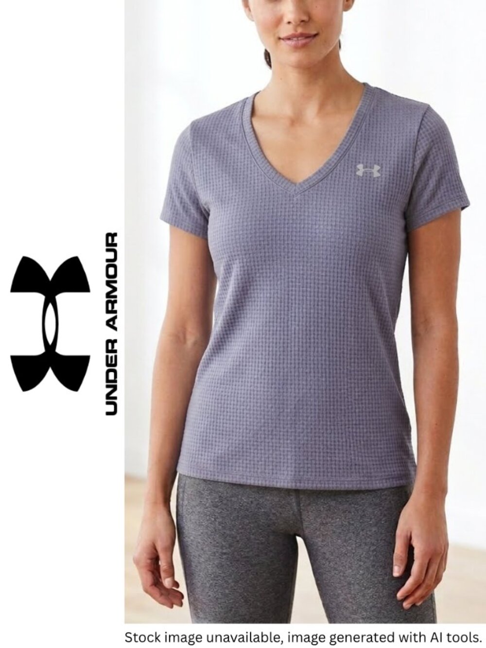 Under Armour Women's Heatgear Gym Tee Mesh Grid V Neck Shirt Purple Gray Size M